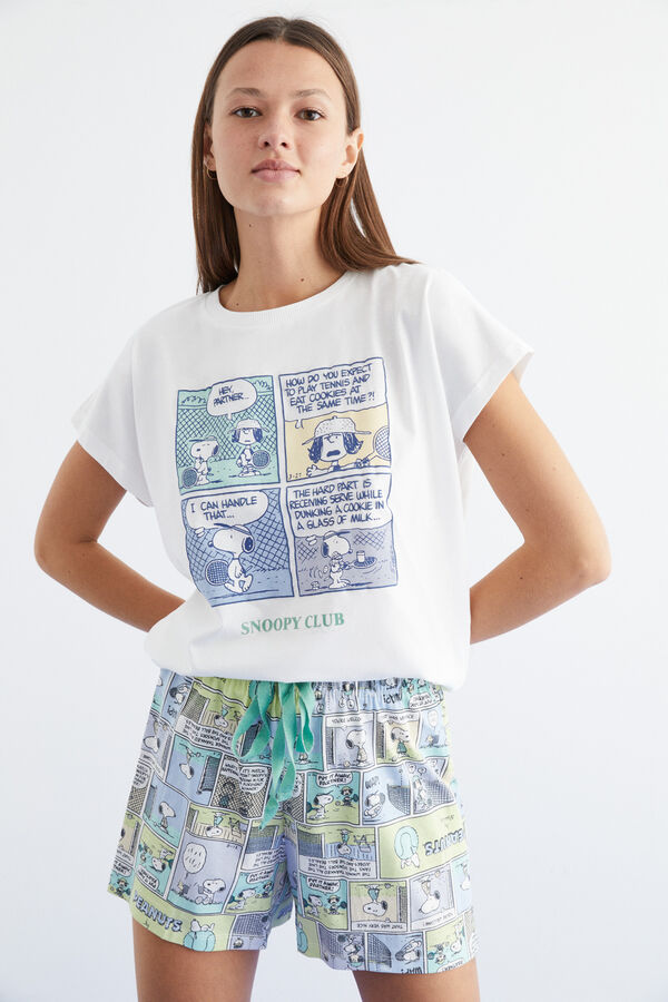 Womensecret Képregényszerű Snoopy-mintás, 100% pamut, rövid pizsama zöld