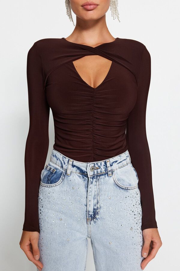 Trendyol Fitted Long Sleeve Bodysuit Top nude