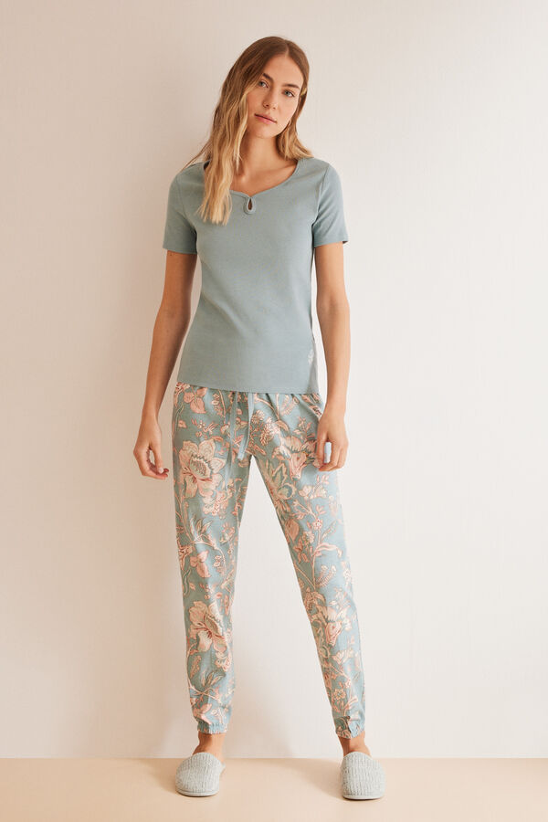 Womensecret Pijama 100% algodón pantalón flores azul azul
