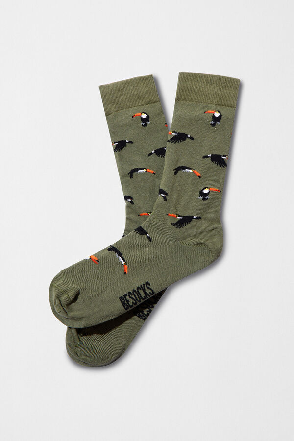 Besocks Socks toucan knee-high socks made of organic cotton in khaki green printed
