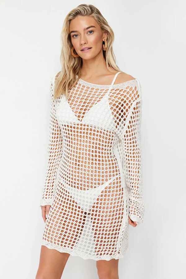 Trendyol Boat neck shift knit mini dress beige