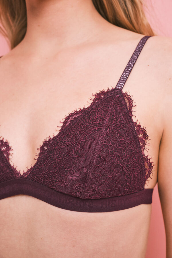 HI&BYE Burgundy lace padded triangle bra printed
