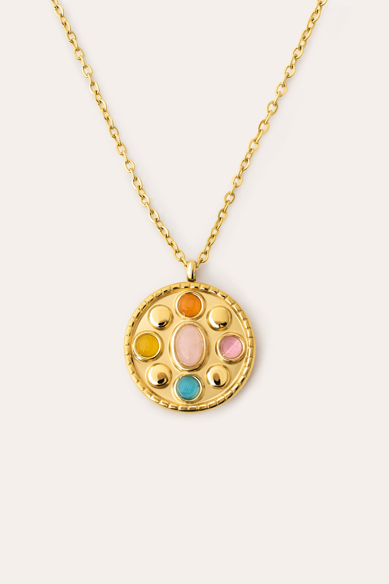 Singularu Halskette Medallion Five Stones Stahl vergoldet