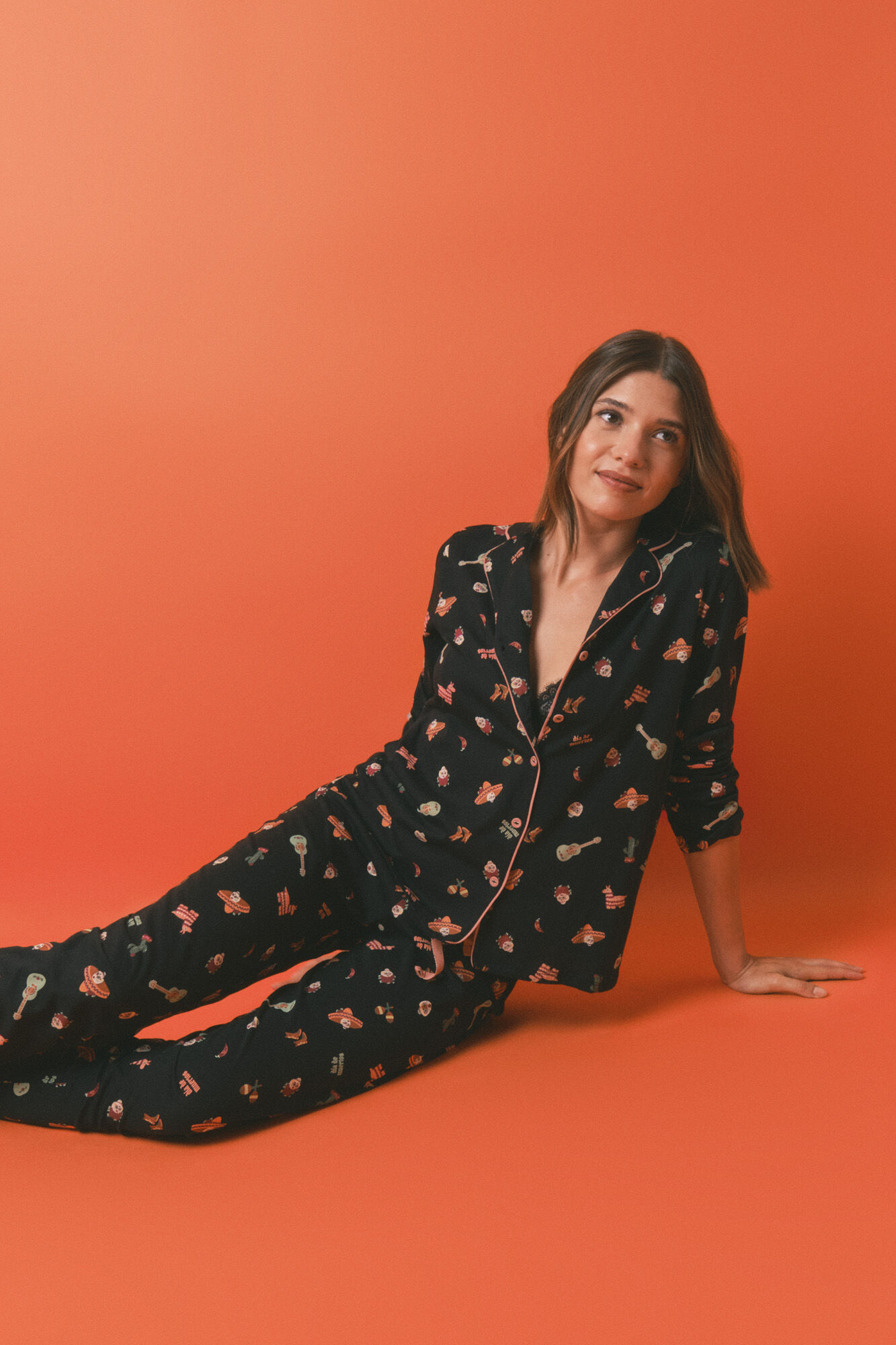 Women'secret Pijama camisero algod&oacute;n "D&iacute;a de muertos" negro