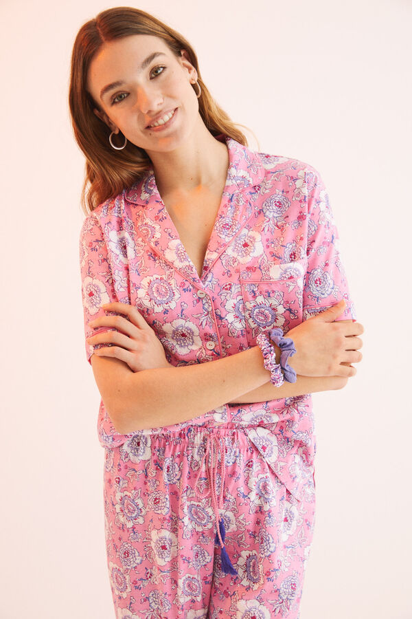 Womensecret Pijama camisero 100% algodón estampado rosa rosa
