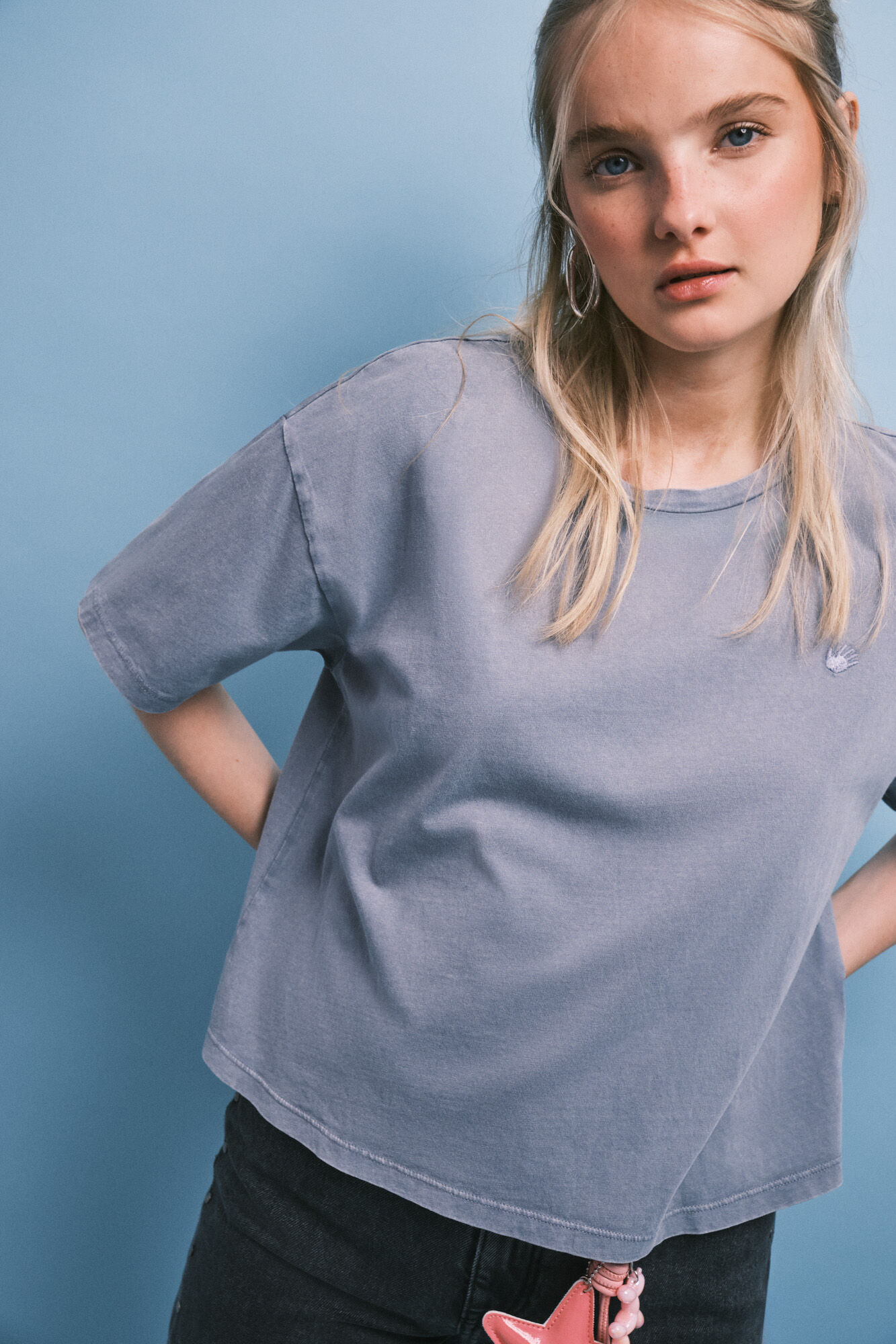 HI&BYE Blue cotton short sleeve T-shirt
