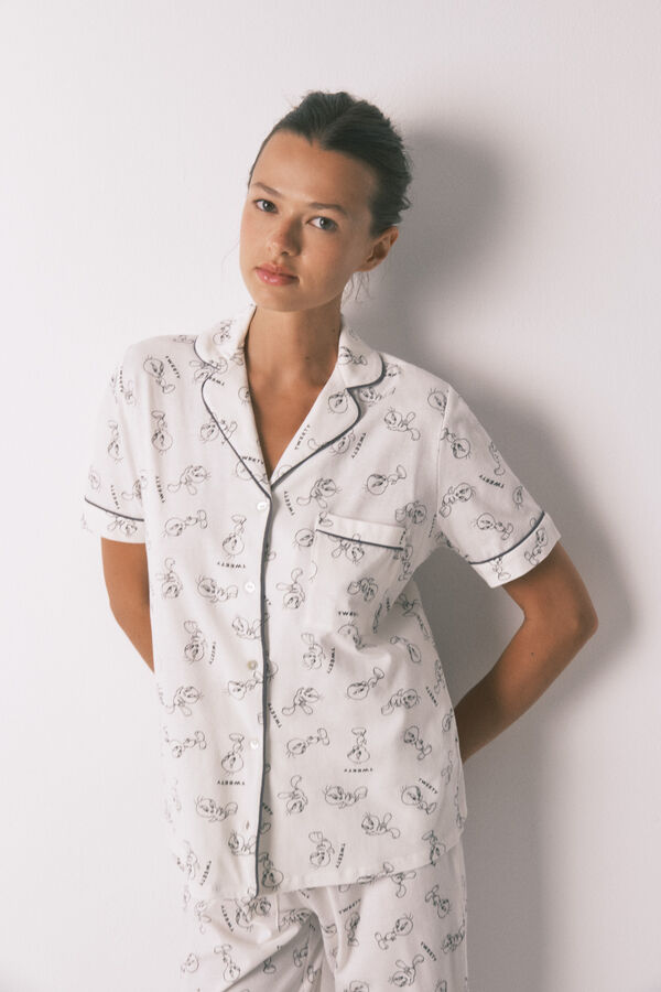 Women'secret Pijama camisero largo 100% algodón blanco Piolín blanco