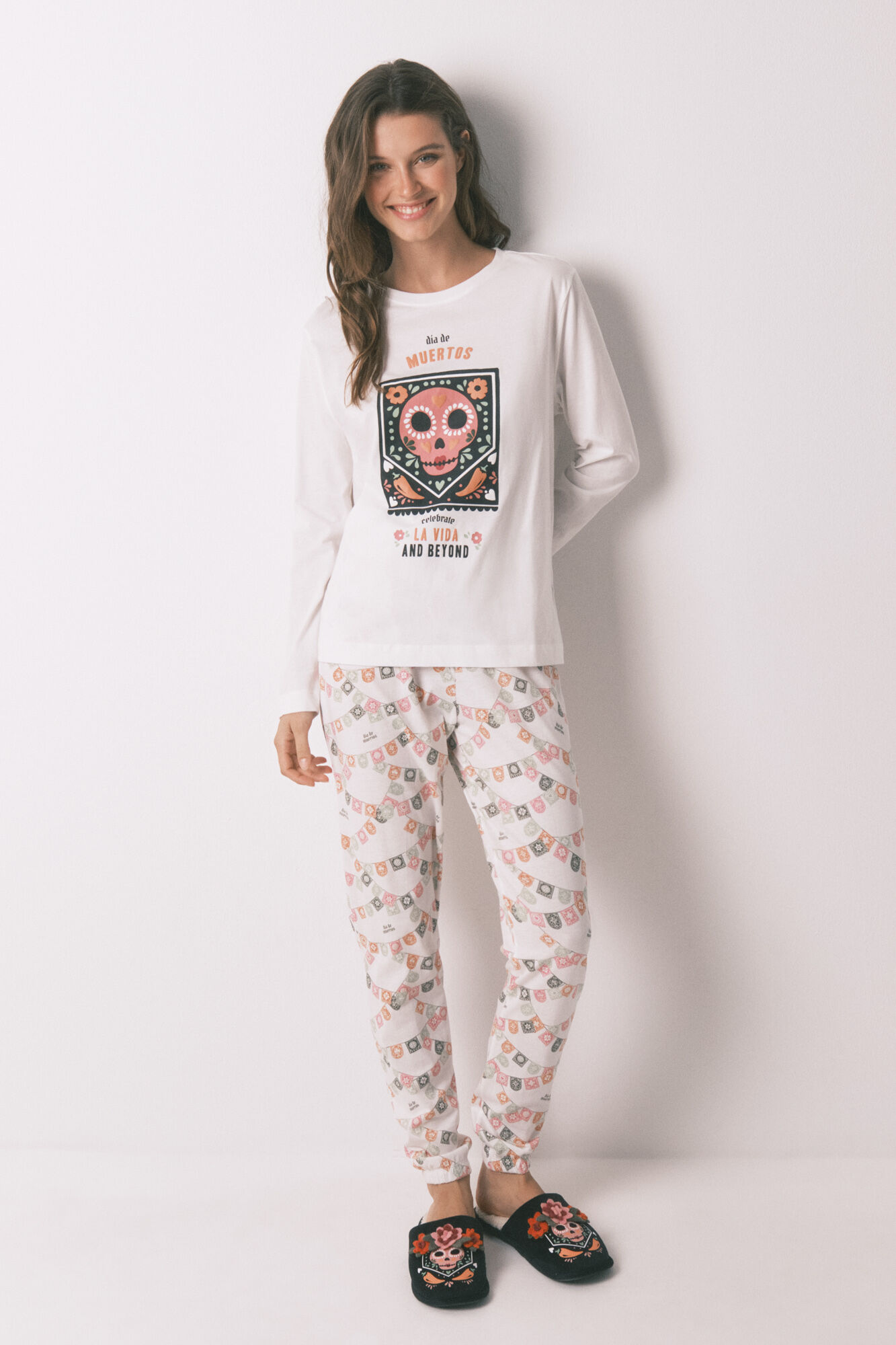 Women'secret 100% cotton "Day of the Dead" long pyjamas, ivory