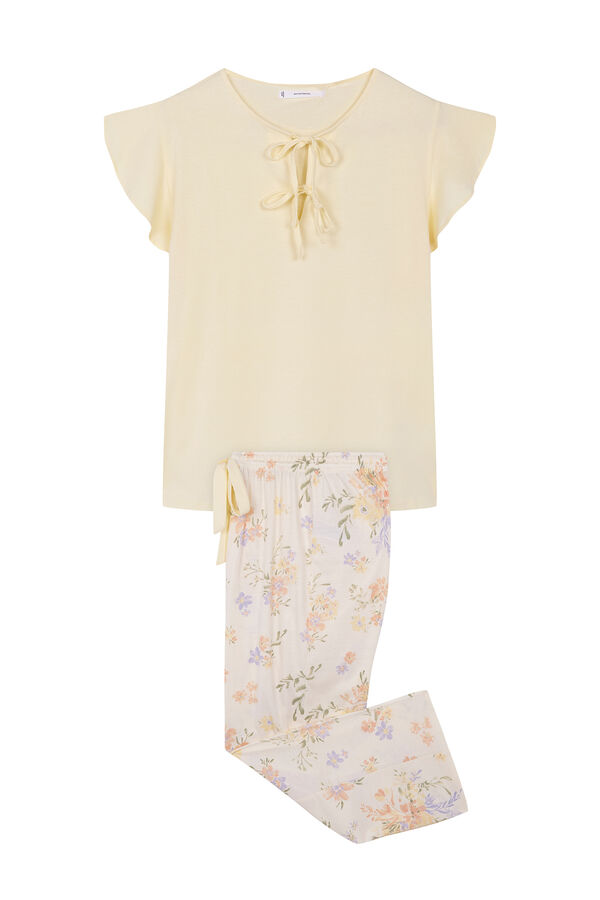Womensecret Virágmintás sárga pizsama, 100% pamutból rávasalt mintás