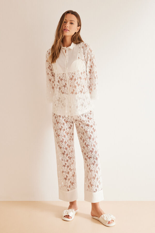 Womensecret Pijama camisero bordado suizo marfil