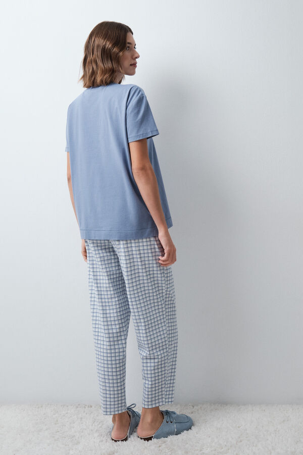 Women'secret Pyjama en coton &agrave; carreaux Snoopy manches courtes bleu