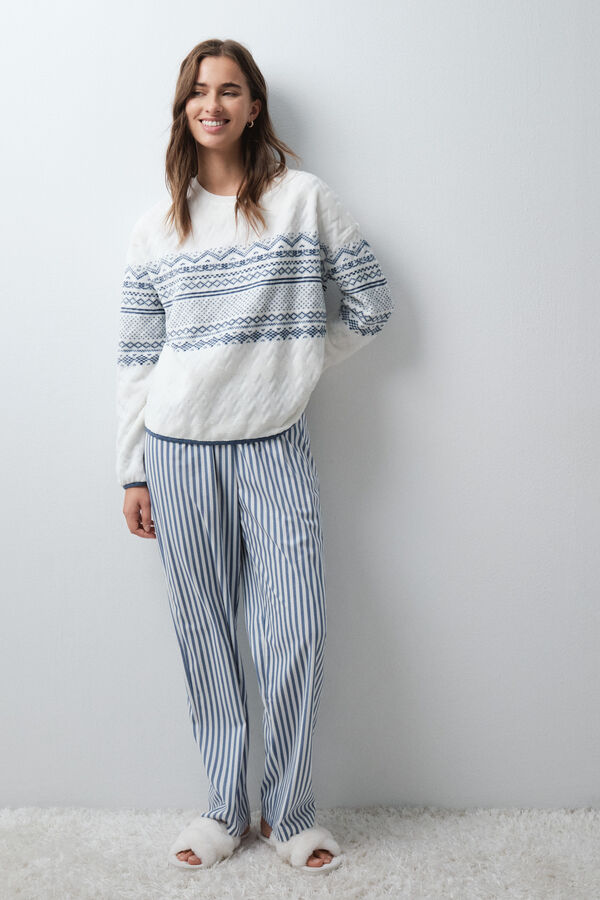 Women'secret Pyjama long polaire &agrave; rayures bleu bleu
