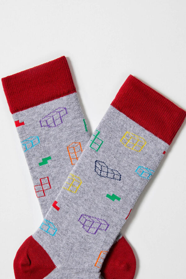Besocks Meias altas Tetris em algod&atilde;o org&acirc;nico cinzento