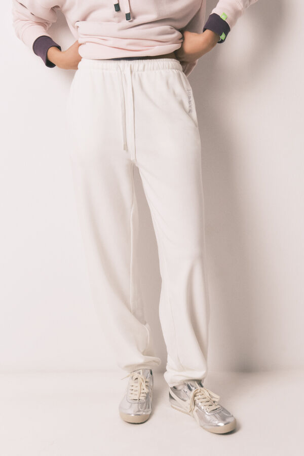 HI&BYE White cotton fleece jogger trousers beige