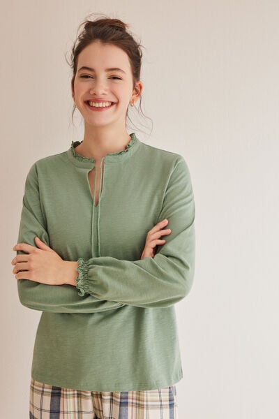 Womensecret Langarmshirt Weiß V-Ausschnitt 100 % Baumwolle Grün
