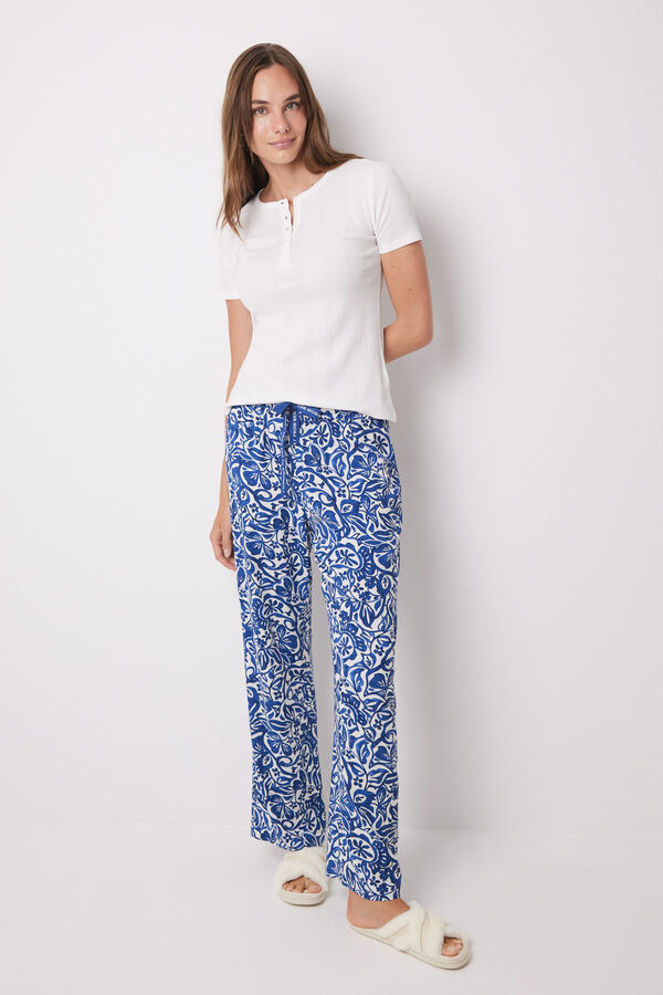 Womensecret Long floral viscose lounge trousers blue