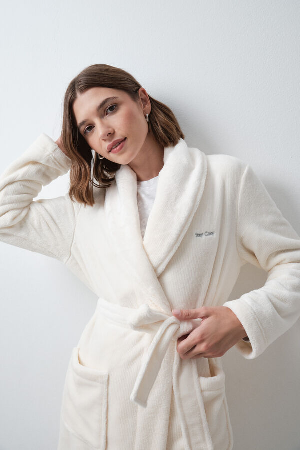 Women'secret Robe de chambre longue crois&eacute;e polaire &eacute;cru beige
