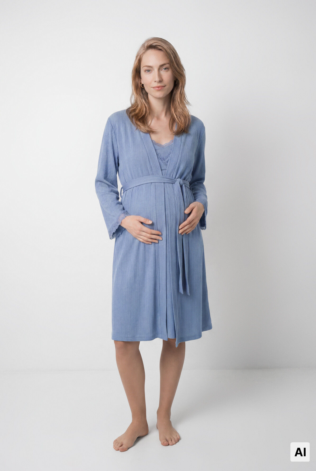 Women'secret Blue lace sleeve midi robe with belt