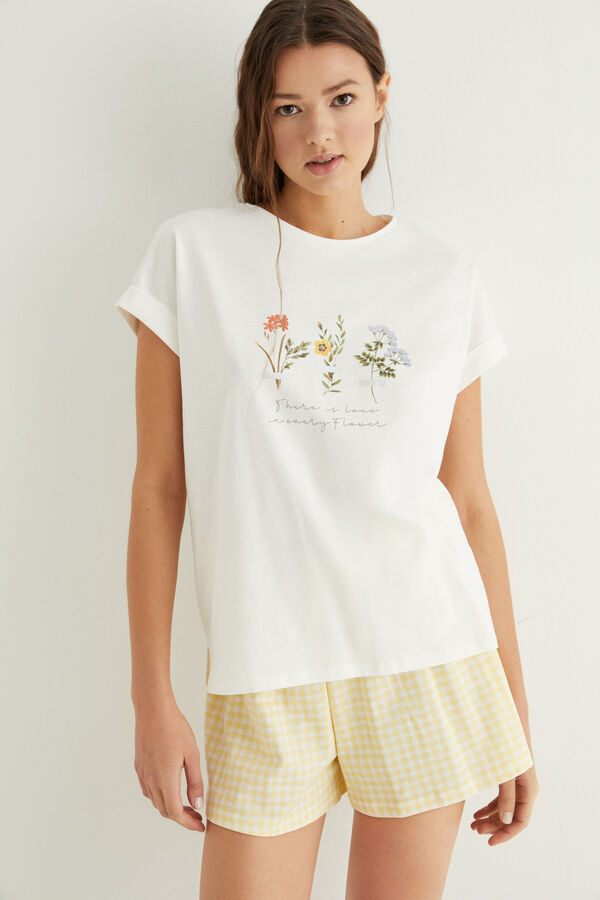 Womensecret Pyjama court fleurs 100 % coton blanc beige