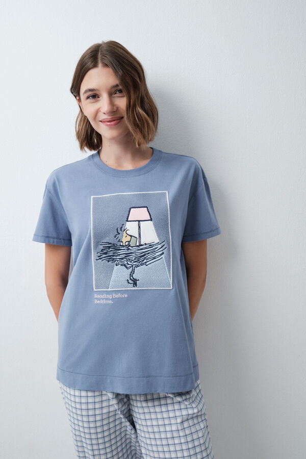 Women'secret Pyjama en coton &agrave; carreaux Snoopy manches courtes bleu