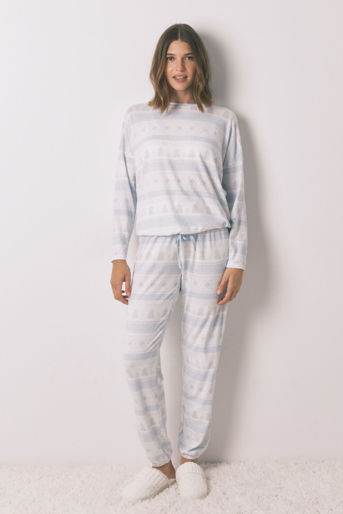 Women'secret Long pyjamas soft jersey-knit pajamas with blue borders