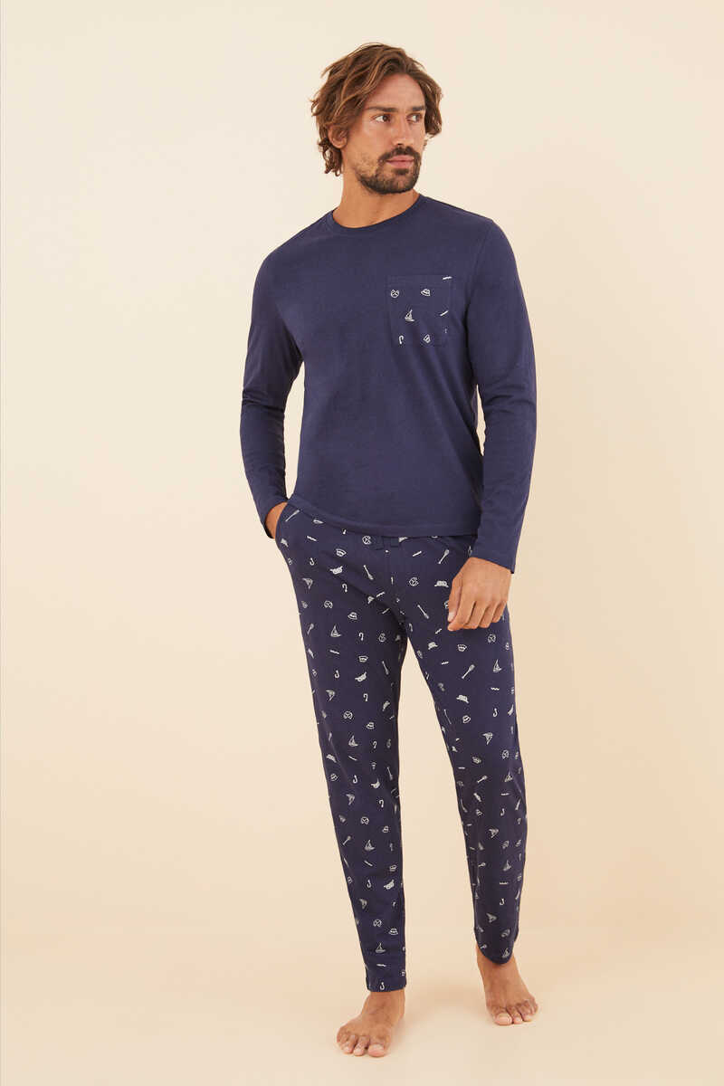 Womensecret Pijama comprido de homem 100% algodão pesca azul
