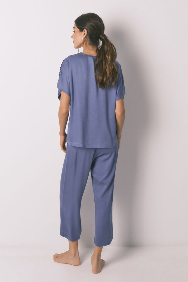 Women'secret Blue long pyjamas with pleated neckline blue