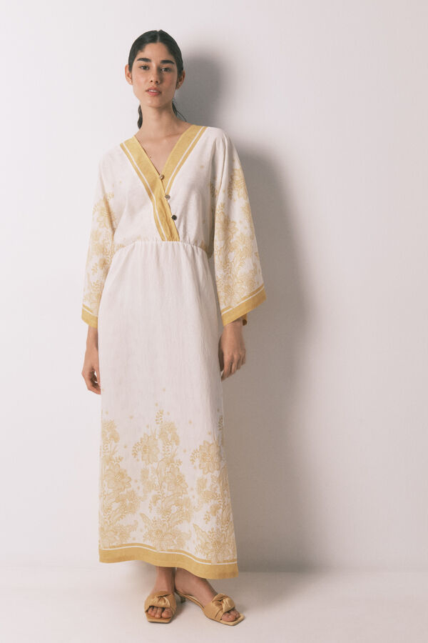 Women'secret Robe caftan jacquard fleurs beige