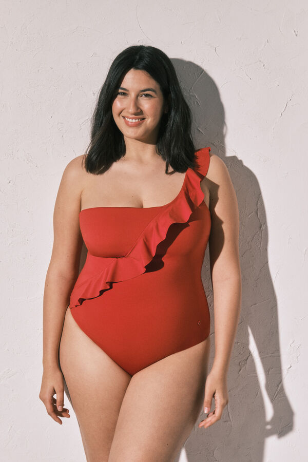 Women'secret Orange shaping asymmetric ruffle swimwear red