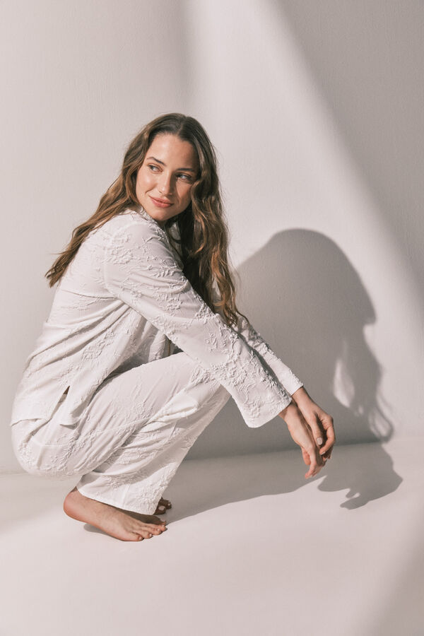 Women'secret Long satin jacquard shirt pyjamas in White beige
