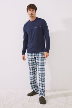 Womensecret Men's long 100% cotton checked pyjamas blue