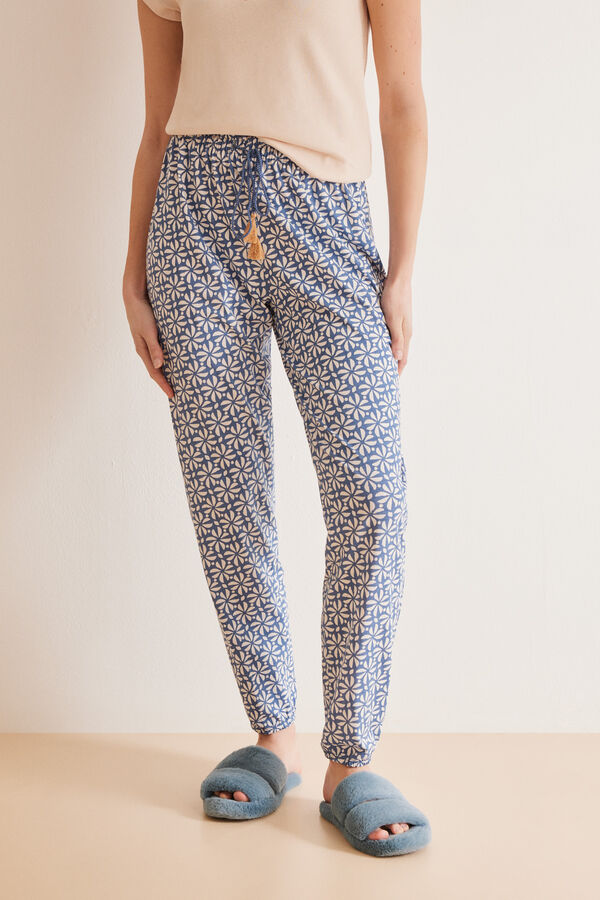 Womensecret Pantalon long 100 % coton imprimé bleu