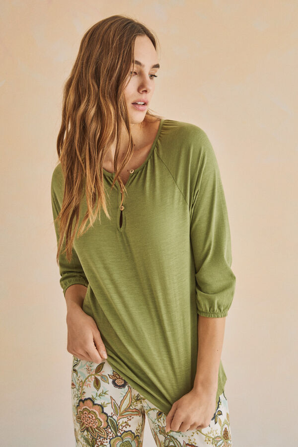 Womensecret T-shirt manga comprida 100% algodão verde bege