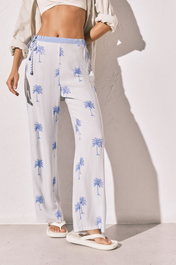 Women'secret Palm print striped long trousers blue