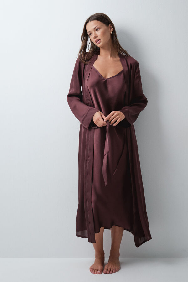 Women'secret Burgundy satin-finish long robe with belt red