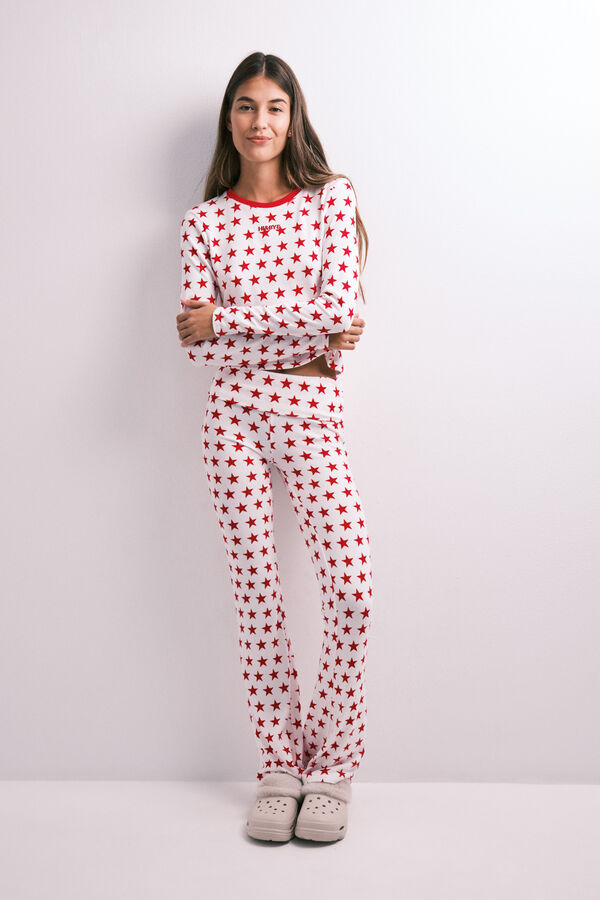 HI&BYE Red star print long pyjamas brown