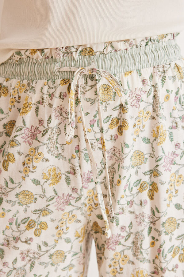 Womensecret Répaszabású, virágmintás, hosszú pizsamanadrág 100% pamutból fehér