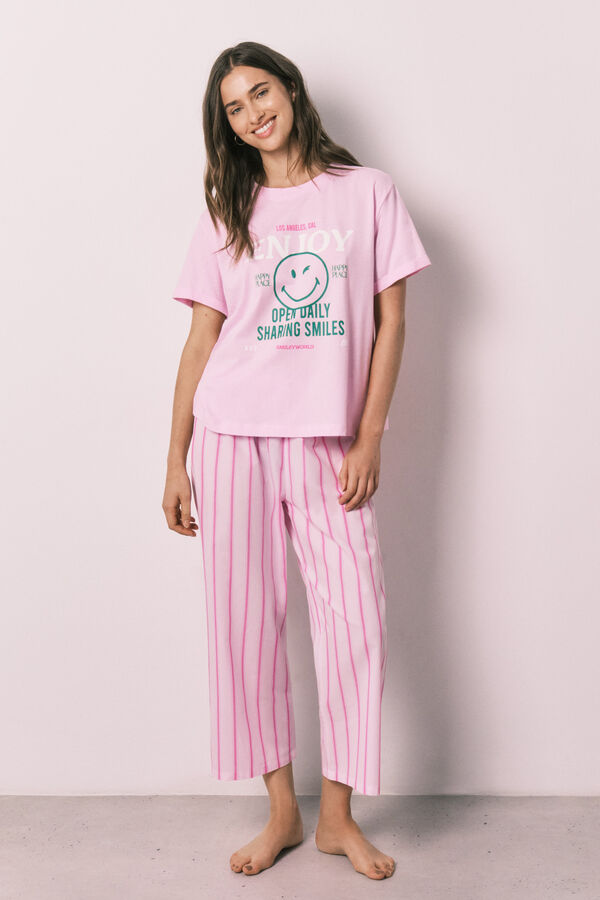 Women'secret Pink striped long pyjamas SmileyWorld&reg; pink