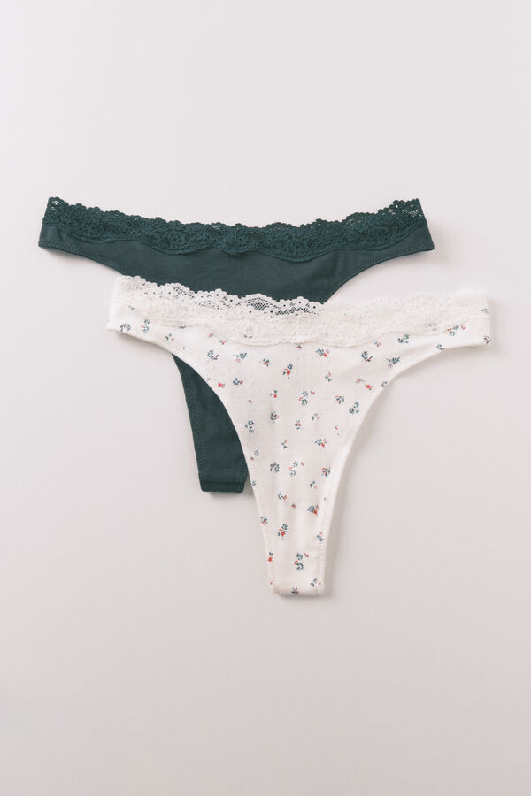Women'secret Pack of 2 green cotton thongs with white print printed