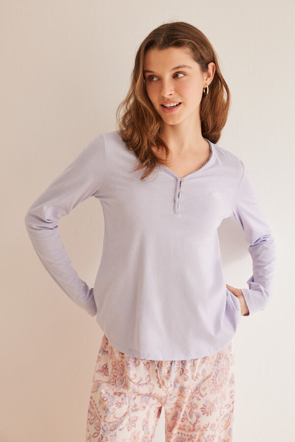 Womensecret Pyjama long 100 % coton mauve imprimé cachemire rose