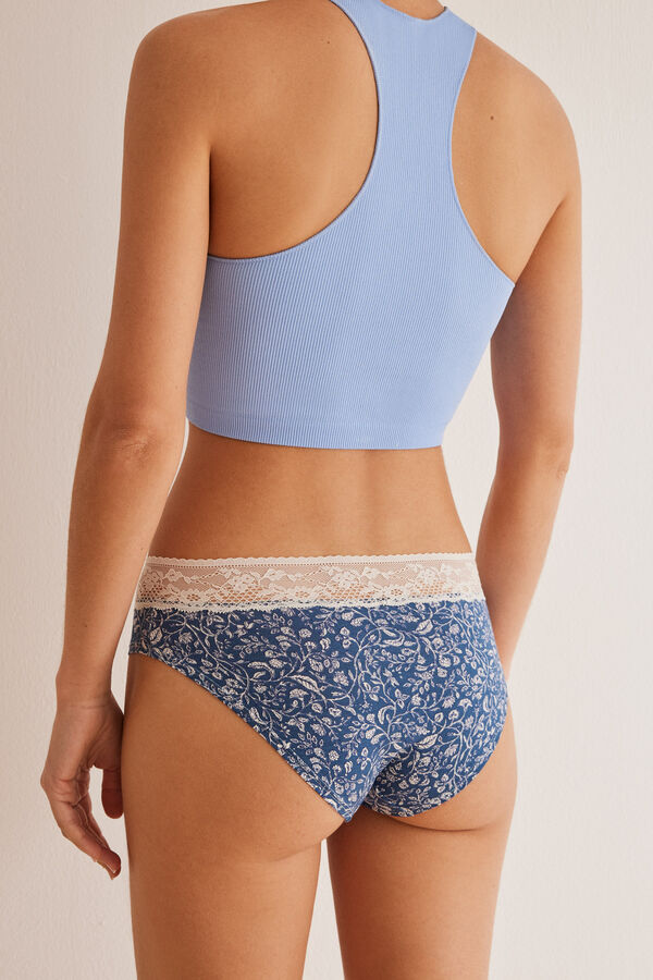 Womensecret Floral cotton and lace wide side panty blue