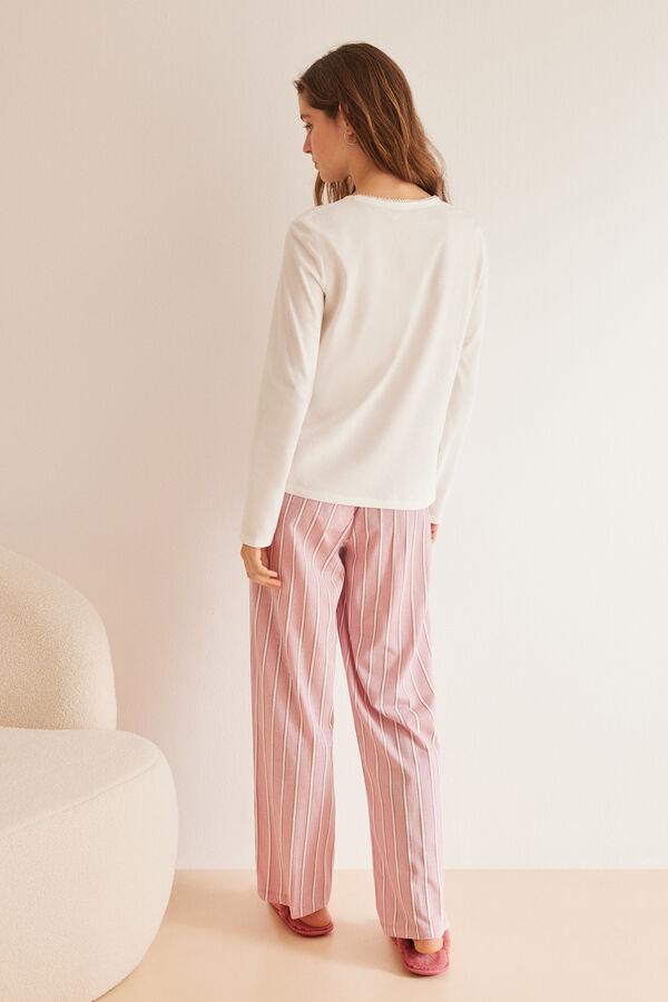Womensecret Langer Pyjama 100 % Baumwolle Rosa Streifen Naturweiß
