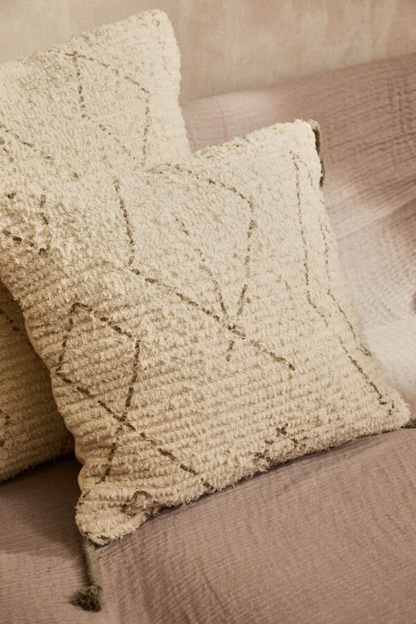 Calma House Capa de almofada quadrada em algod&atilde;o flamejado com motivo &eacute;tnico em tom pedra. cinzento