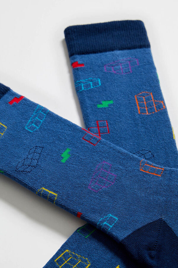 Besocks Calcetines altos Tetris algod&oacute;n org&aacute;nico azul