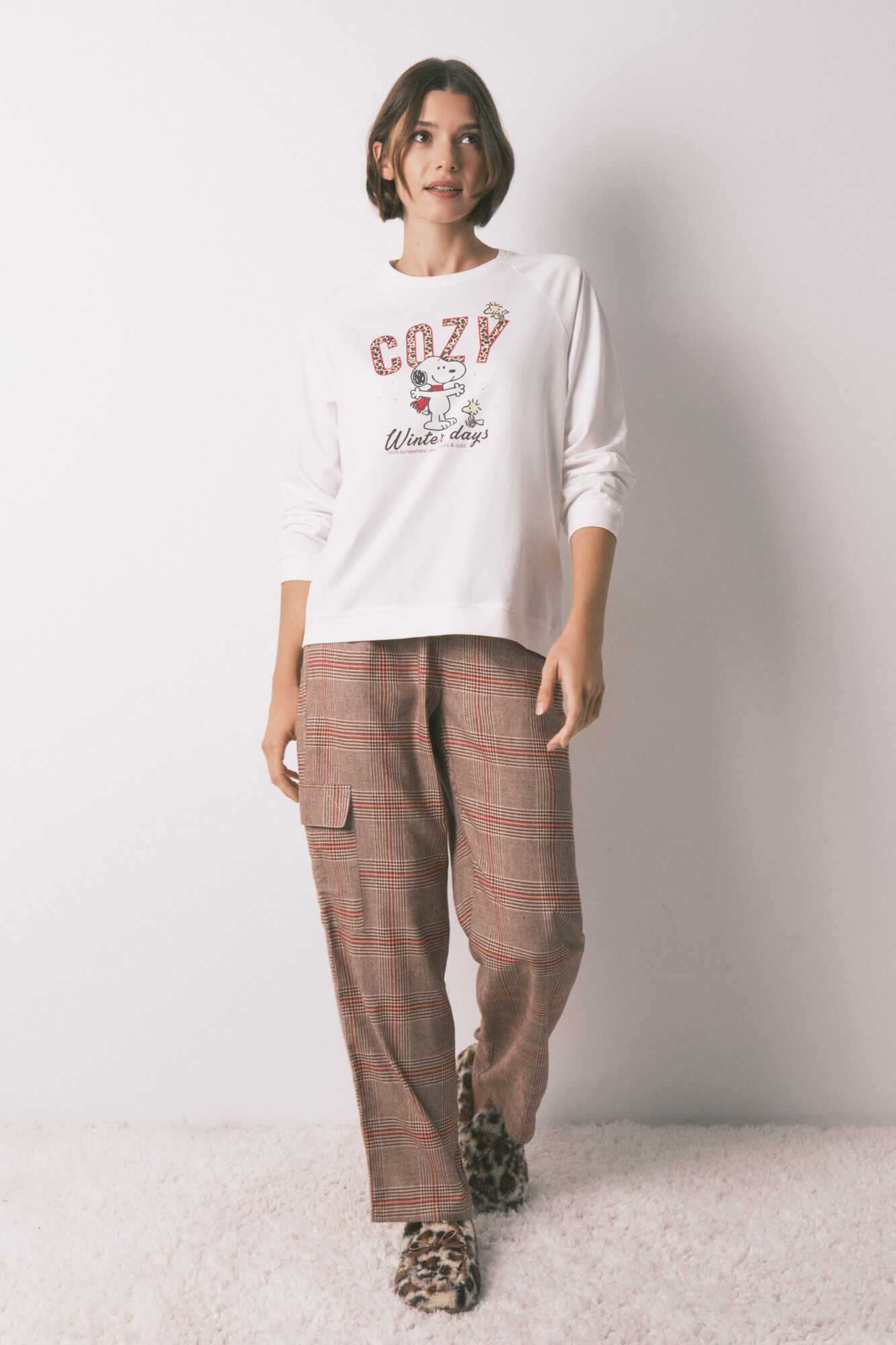Women'secret Pijama longo 100% algod&atilde;o estampado xadrez Snoopy
