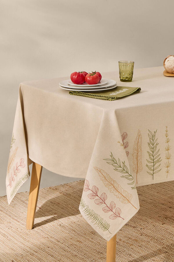 Textura Stain-resistant cotton tablecloth leaves beige