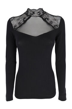 Womensecret Camiseta termal de mujer cuello redondo manga larga con encajes negro