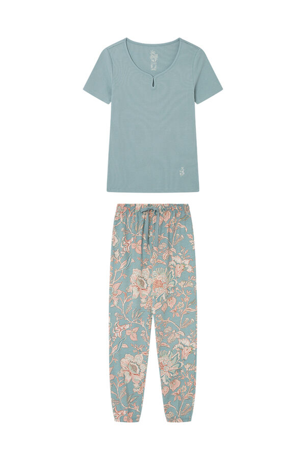 Womensecret Pyjama 100 % coton pantalon fleurs bleu bleu