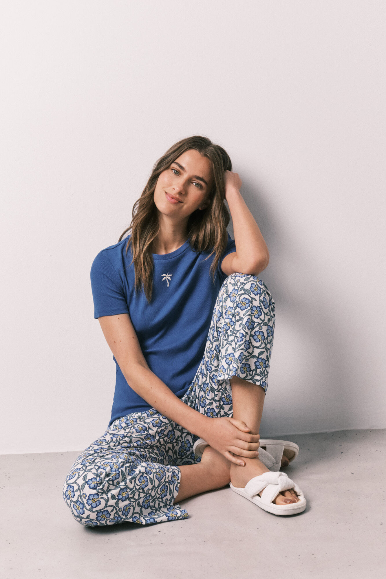 Women'secret Pijama Capri din bumbac imprimat albastru