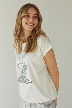 Womensecret Snoopy-mintás, elefántcsontfehér hosszú pizsama, 100% pamutból bézs